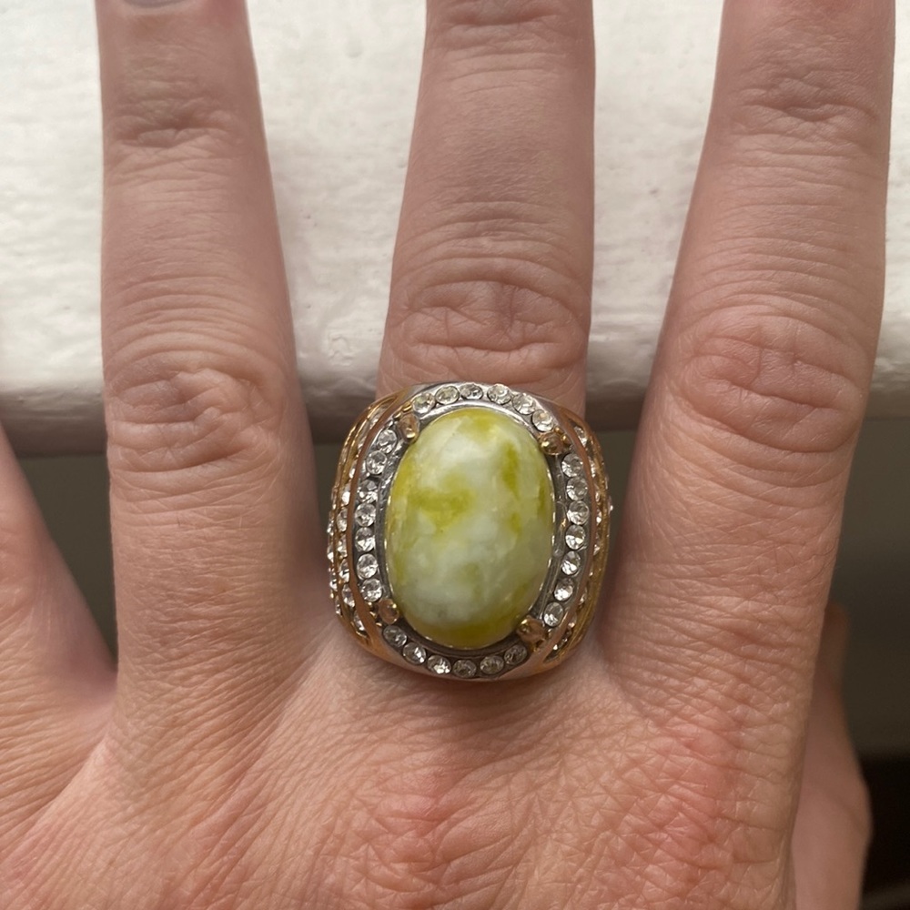 Vintage Stainless Steel Light Green Stone Mens Ring